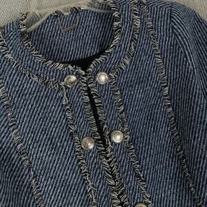 Chicos Open Front Jacket Womens Size 8 Blue Tweed Fringe Military Evening Casual